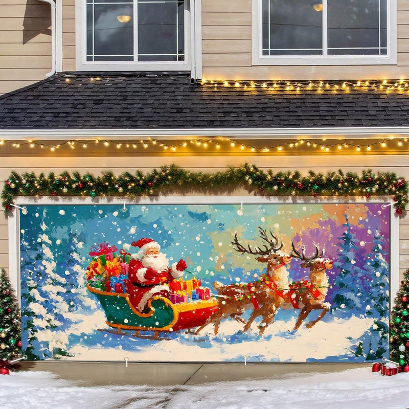 THISFIND Christmas Garage Door Banner – Santa Claus with Sleigh & Reindeer Outdoor Decoration – 13×6 ft Holiday Garage Cover for Home, Yard, Party Decor - Image 1